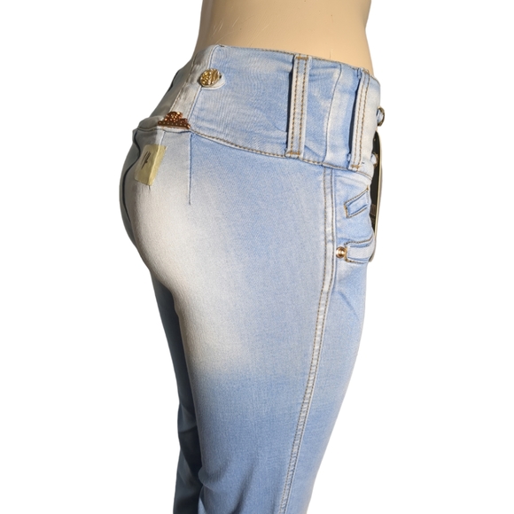 *NEW* Colombian Authentic High Rise Skinny Wash Distress Butt Lifter Blue Jeans - Picture 7 of 13